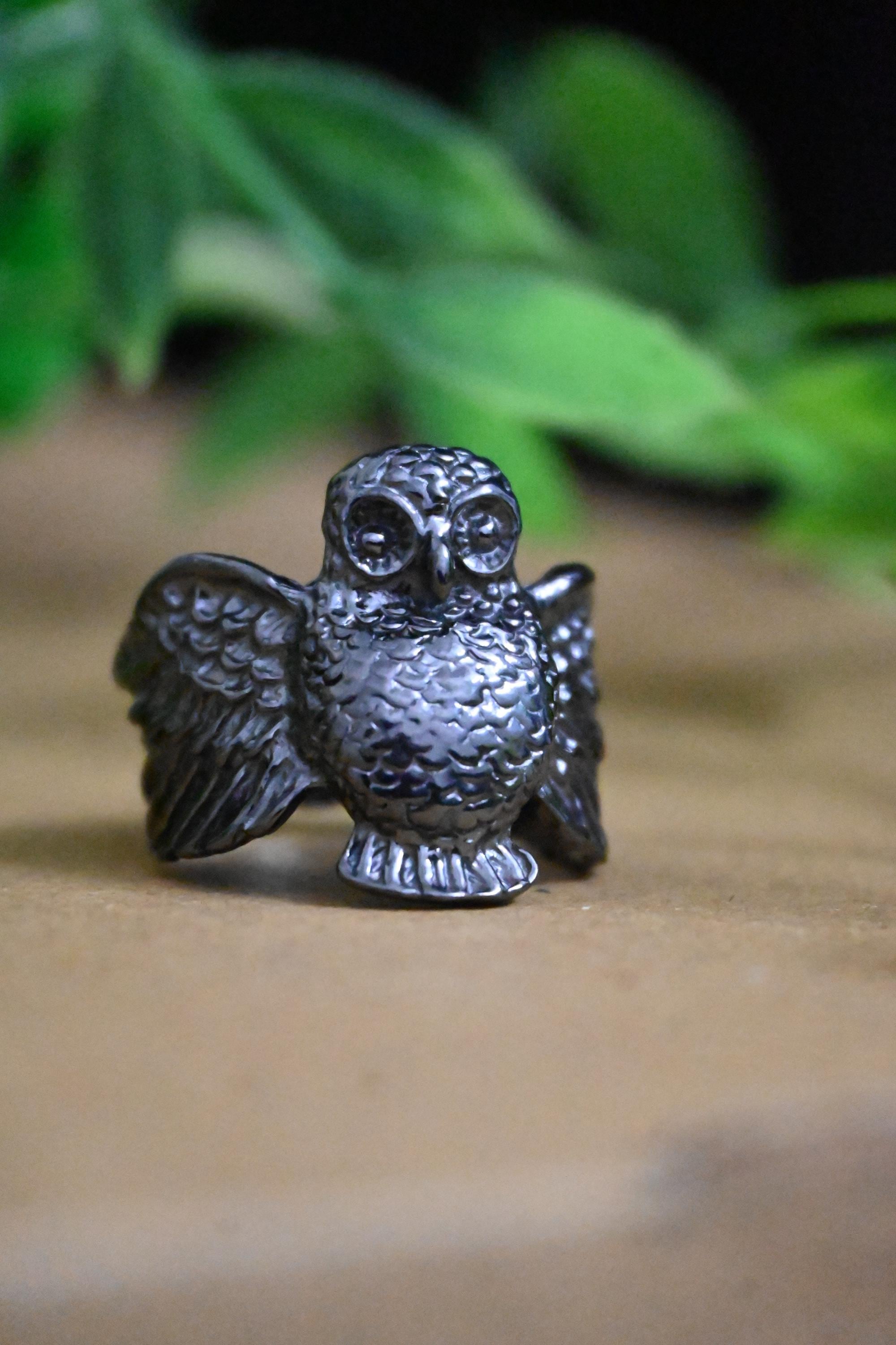 Black Owl Ring, Gothic Owl Jewelry, Sterling Silver owl Ring, Boho Animal Ring, Adjustable Statement