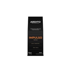 May include: Black coffee bag with the brand name "ARDITO" and the text "IMPULSO Espresso". The bag also states "Cocoa - Toasted Nuts" and "Brazil - Mexico". It contains 12oz (340g) of 100% roasted coffee.