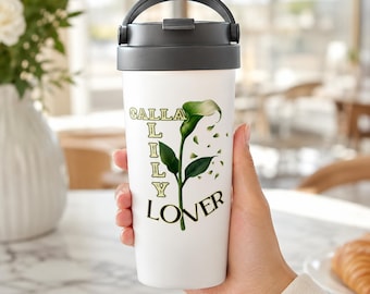 Calla Lily Travel Mug, White Floral Coffee Tumbler, Botanical Lover Gift