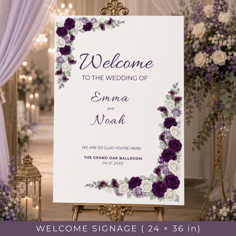 Lavender Purple Ivory Wedding Suite Template Bundle, Editable Invite RSVP Details Menu Table Number and Welcome Sign Template for Bride