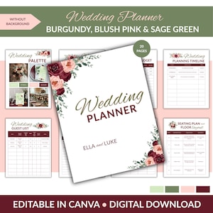 May include: A wedding planner with a white cover and floral accents in burgundy, blush pink, and sage green. The planner includes pages for planning, budgeting, guest lists, and seating arrangements. The text on the cover reads "Wedding Planner" and "Ella and Luke".