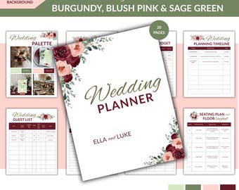Burgundy Blush Sage Green WeddingPlanner (20 Pages, Digital Download)