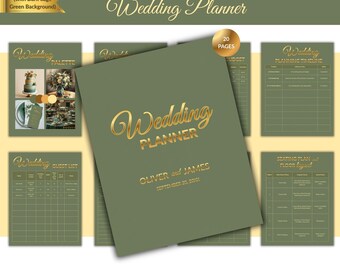 Editable Wedding Planner Template | Gold Typography, Dark Sage Green (Digital Download)