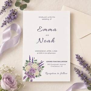 Lavender Purple Ivory Wedding Suite Template Bundle, Editable Invite RSVP Details Menu Table Number and Welcome Sign Template for Bride