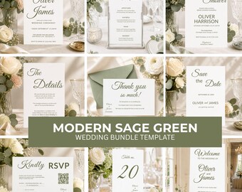 Sage Green Modern Wedding Invitation Bundle (Digital Download)