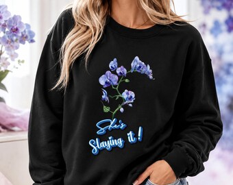 Sudadera Blue Orchid para mujer, cuello redondo motivacional, sudadera con cita inspiradora, jersey floral, camiseta con cita positiva, regalo para ella.