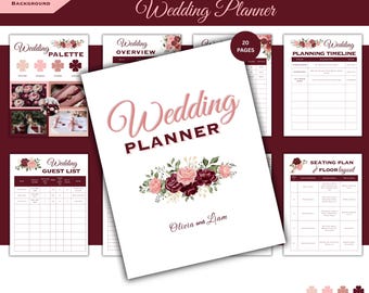 Burgundy Blush Pink WeddingPlanner Template | Editable Canva Digital Download