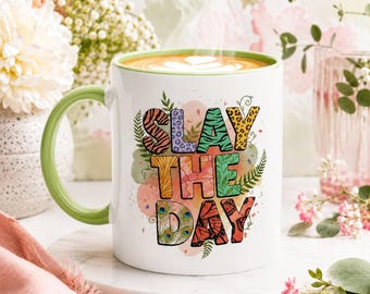 Motivational Ceramic Mug | "Slay The Day" Typography Coffee Cup | Tea Mug Gift for Her