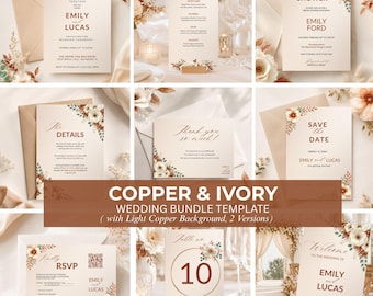 Copper Ivory Wedding Invitation Suite, Editable Templates (Digital Download)