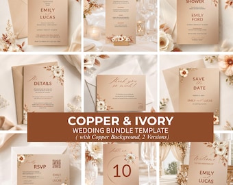Copper Ivory Wedding Invitation Suite, Editable Canva Template (Digital Download)
