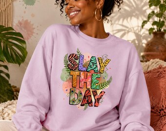 Motivational Sweatshirt for Women, Positive Quote Crewneck, Colorful Boho Graphic Pullover, Slay The Day Gift