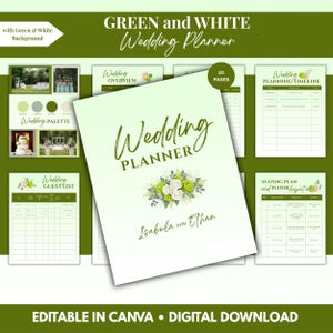May include: A green and white wedding planner with the title "Wedding Planner" in a script font. The planner includes sections for planning, guest lists, and timelines. The cover features a floral design and the names "Isabela and Ethan".