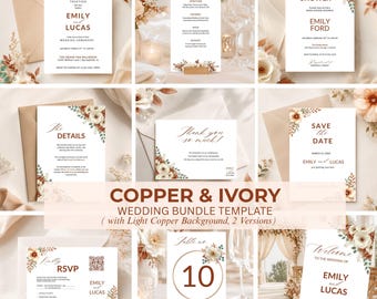 Copper Ivory Wedding Invitation Bundle | Editable Canva Templates (Digital Download)