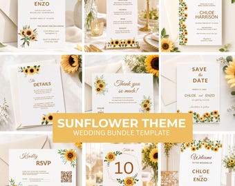Sunflower Wedding Invitation Suite | Rustic Editable Canva Template (Digital Download)