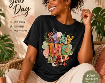 Slay The Day Graphic Tee, Colorful Boho Motivational Shirt for Women