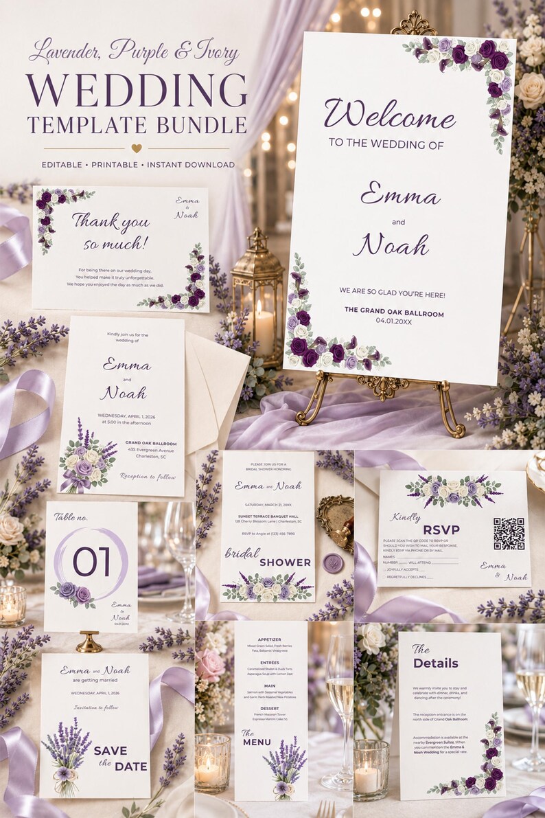Lavender Purple Ivory Wedding Suite Template Bundle (Digital Download)
