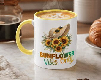 Sunflower Mug Ceramic Coffee Cup, Floral Design Tea Mug, Cute Flower Lover Gift for Women Mom Sister BFF, Aesthetic Cottagecore Cup
