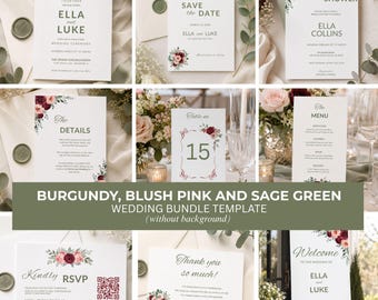 Burgundy Blush Sage Green Wedding Invitation Suite Template (Digital Download)
