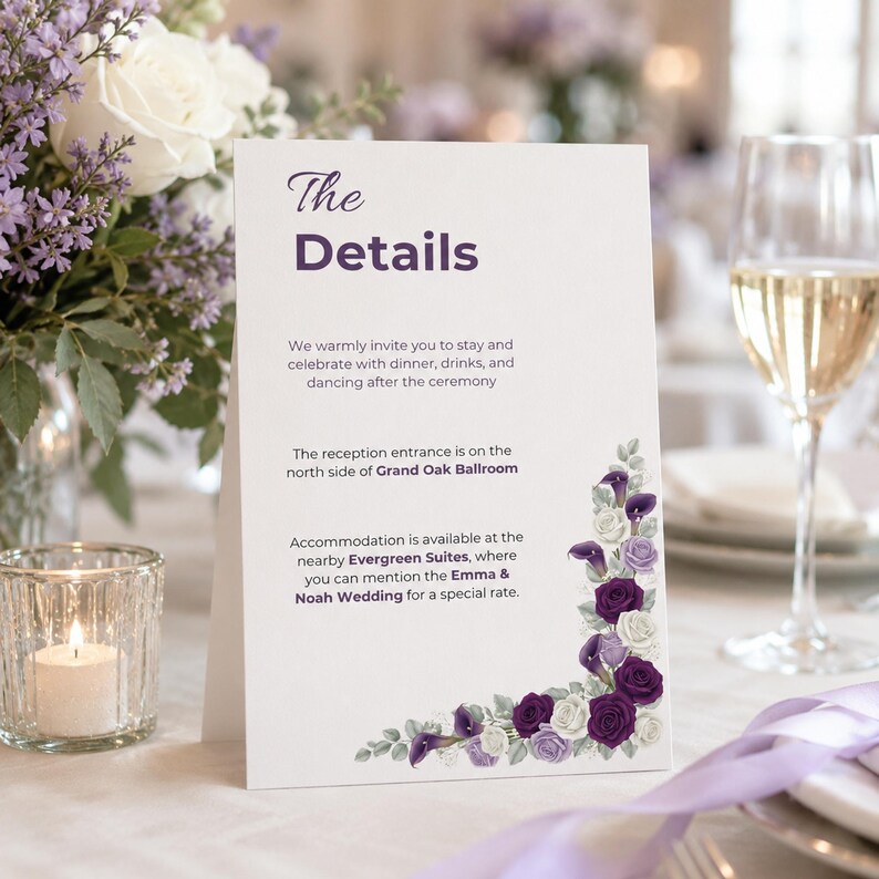 Lavender Purple Ivory Wedding Suite Template Bundle, Editable Invite RSVP Details Menu Table Number and Welcome Sign Template for Bride
