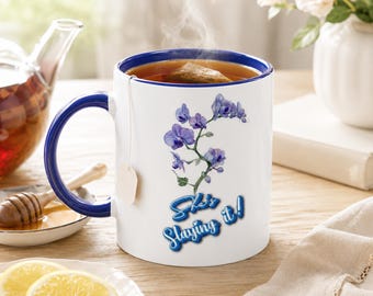 Taza de café con orquídea azul, taza de té floral, taza motivacional, taza con cita positiva, taza de cerámica con orquídea azul, regalo para ella, taza de 325 ml (11 oz)