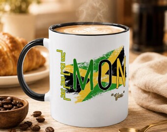 Jamaican Flag Coffee Mug | 11oz Ceramic Cup with Colored Handle, Tea Mug Gift for Him