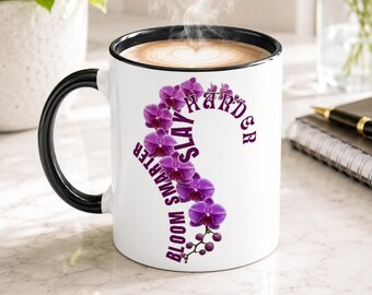 Orchid Ceramic Mug | 11oz Coffee Cup with Colored Handle | Floral Inspirational Quote Tea Mug