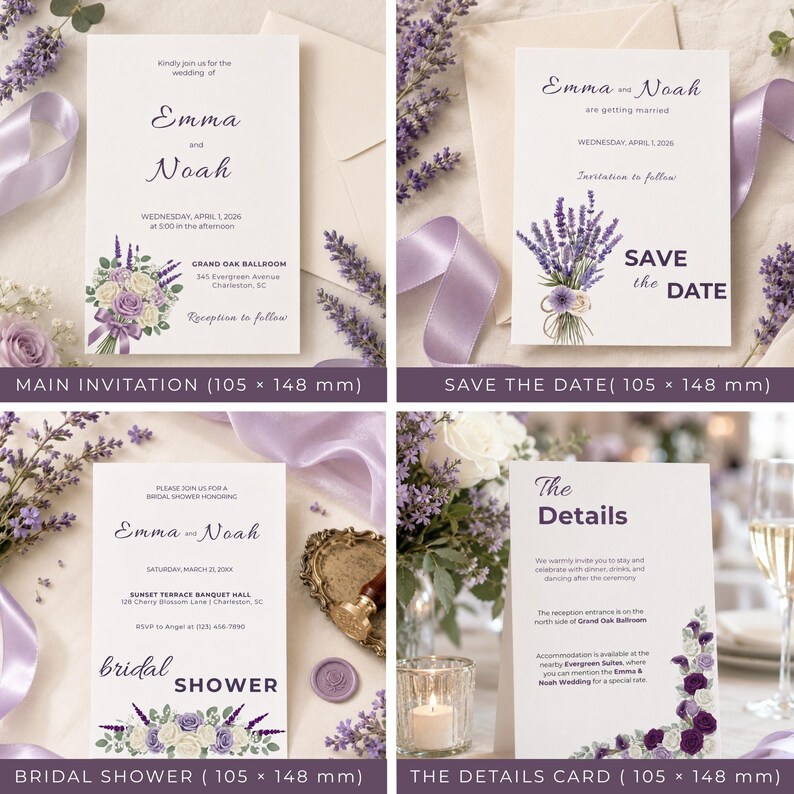 Lavender Purple Ivory Wedding Suite Template Bundle, Editable Invite RSVP Details Menu Table Number and Welcome Sign Template for Bride