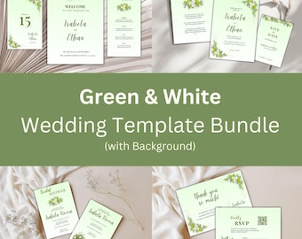 Groen-witte bruiloft uitnodiging sjabloonbundel | Bewerkbare canvas bruidssuite | Briefpapier voor DIY-bruiloft (wo-06)