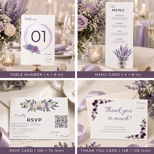 Lavender Purple Ivory Wedding Suite Template Bundle, Editable Invite RSVP Details Menu Table Number and Welcome Sign Template for Bride