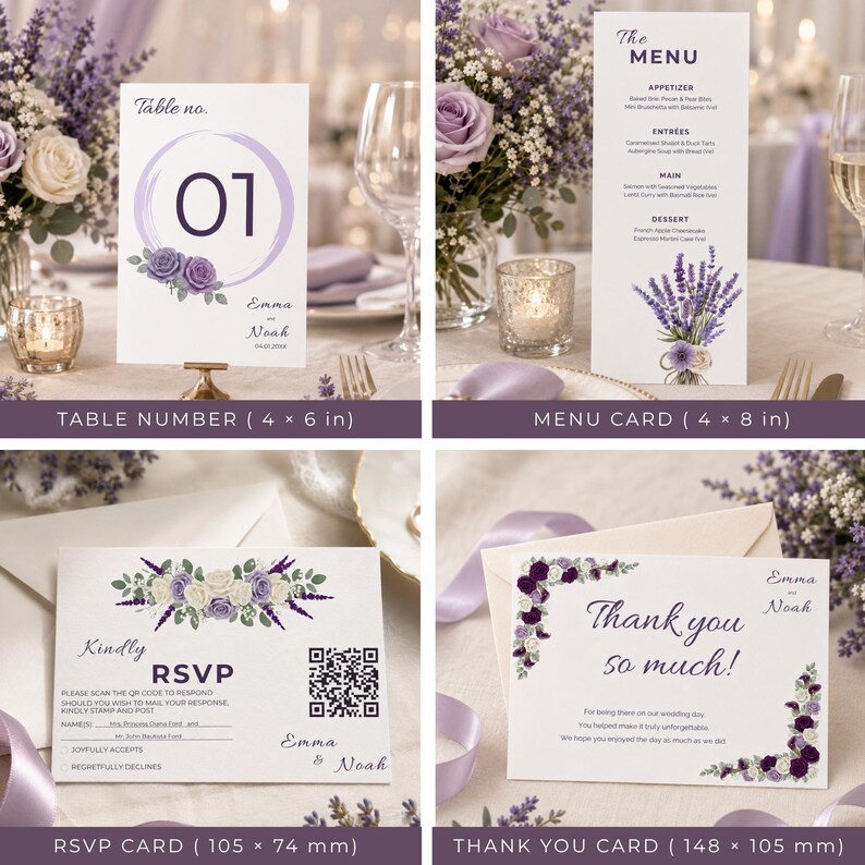 Lavender Purple Ivory Wedding Suite Template Bundle, Editable Invite RSVP Details Menu Table Number and Welcome Sign Template for Bride