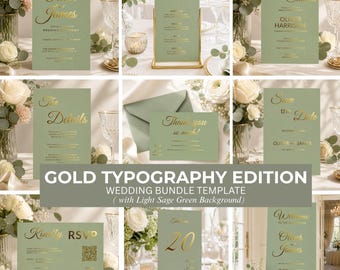 Sage Green Gold Wedding Invitation Suite Template (Digital Download)