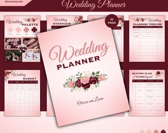 Burgundy Blush Pink WeddingPlanner Template | Editable Canva (Digital Download)