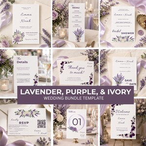 Lavender Purple Ivory Wedding Suite Template Bundle, Editable Invite RSVP Details Menu Table Number and Welcome Sign Template for Bride