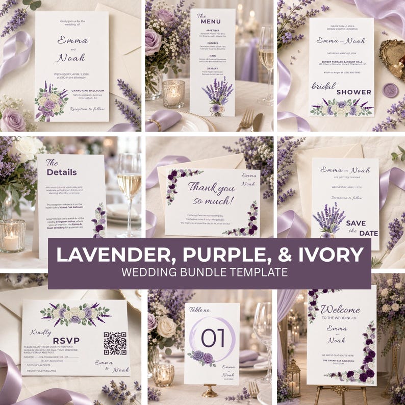 Lavender Purple Ivory Wedding Suite Template Bundle, Editable Invite RSVP Details Menu Table Number and Welcome Sign Template for Bride