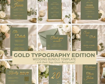 Dark Sage Green Gold Wedding Invitation Bundle (Digital Download)