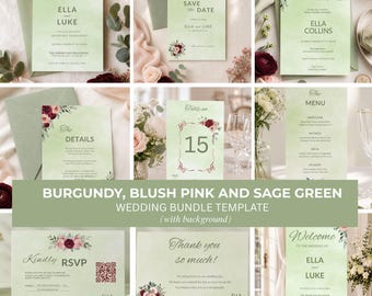 Burgundy Blush Sage Wedding Invitation Suite Template Bundle (Digital Download)