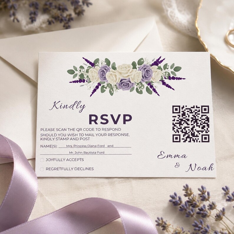 Lavender Purple Ivory Wedding Suite Template Bundle, Editable Invite RSVP Details Menu Table Number and Welcome Sign Template for Bride