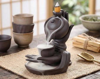 Quemador de incienso de cerámica hecho a mano - Tetera de meditación con forma de mano - Decoración zen para el hogar, regalo único para amantes del yoga y el té, fuente de aromaterapia