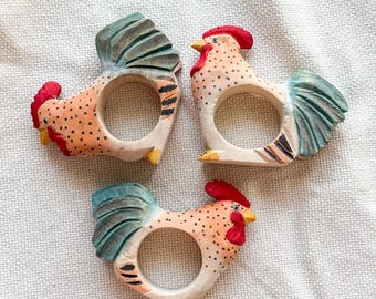 Vintage Hand Carved Wood Rooster Napkin Rings Set of 3 | Farmhouse