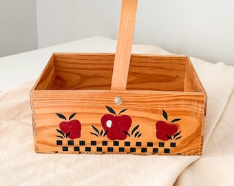 Cesta de madera vintage pintada a mano para manzanas / Estilo rústico campestre