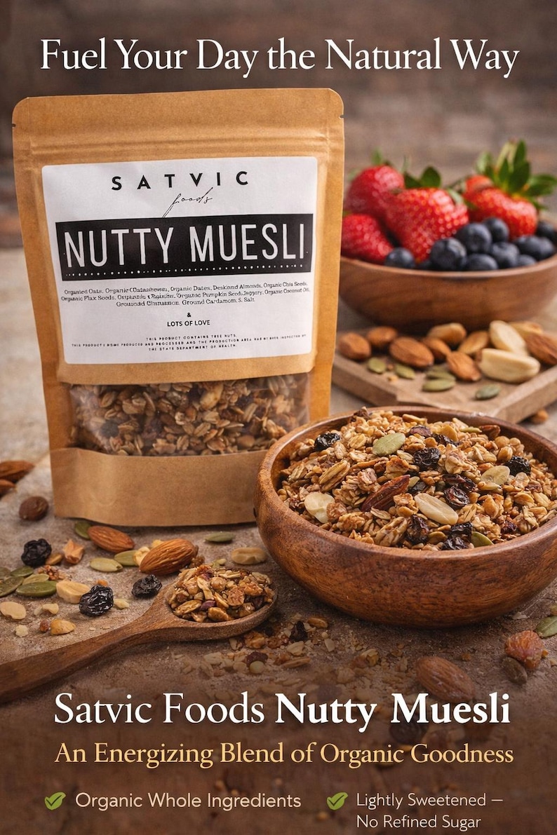 May include: A bag of Satvic Foods Nutty Muesli with a wooden bowl of muesli, a wooden spoon, and a bowl of fresh berries. The muesli is labeled as an energizing blend of organic goodness, lightly sweetened with no refined sugar.