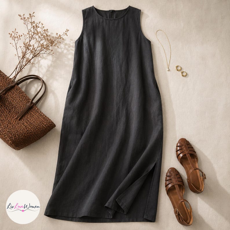 May include: A sleeveless, charcoal-colored linen dress with a round neckline and side slits. The dress is paired with brown leather sandals, a woven tote bag, and delicate gold jewelry. A sprig of dried flowers adds a natural touch.