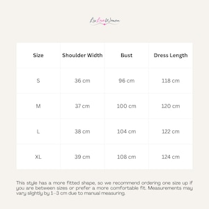 May include: A white chart with size measurements for a dress. The chart includes sizes S, M, L, and XL, with corresponding shoulder width, bust, and dress length in centimeters. The brand name "Liv Love Women" is at the top.