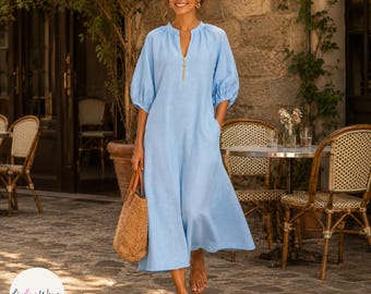 Boho Midi Dress with Balloon Sleeves, Pockets and Zip Neckline