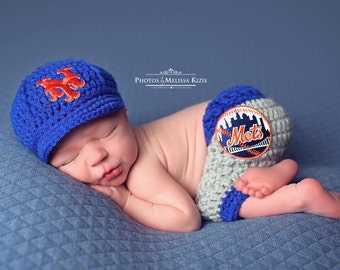 Newborn Baby New York Mets Outfit Uniform Set, Hat, Cap, Pants, Knitted Crochet, Baby Gift, Photo Prop, Baseball, Handmade