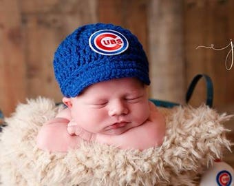 Baby Chicago Cubs Cubbies Cap Hat Hand Knit Knitted Crochet Baby Gift Newborn Photo Photography Prop Baseball Infant Beanie
