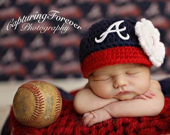 Baby Girl Atlanta Braves Hat Cap Beanie Outfit Hand Knitted Knit Crochet Baby Girl Gift Newborn Photo Photography Prop Baseball Handmade