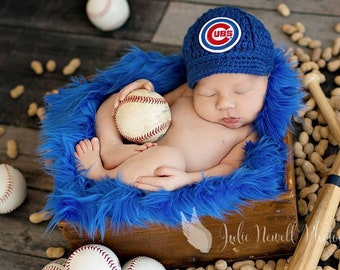 Baby Chicago Cubs Cubbies Cap Hat Outfit Hand Knit Knitted Crochet Baby Gift Newborn Photo Photography Prop Baseball Beanie Handmade