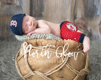 Newborn Boston Red Sox Outfit Uniform Set, Hat, Cap, Pants, Knitted Crochet, Baby Gift, Photo Prop, Baseball, Handmade