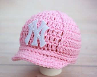 Girls Pink Yankees Baby Hat Outfit Cap New York Yankees Baby Gift Newborn Baseball Photo Prop Knitted Knit Crochet Handmade Hand Knitted